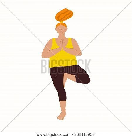Redhead Girl Doing Yoga At Home, In Quarantine Self Isolation. Body Positive Woman In A Tracksuit  I