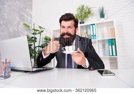 Best Tea. Realtor Give Thumbs Up With Tea Cup. Lawyer Drink Tea In Office. Bearded Man Enjoy Tea Bre