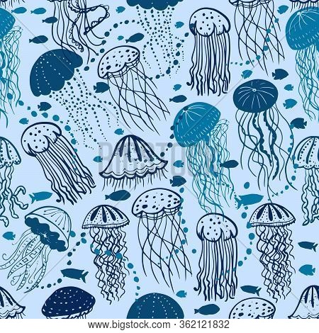 Vector Illustration Of Different Blue Silhouettes Jellyfish Seamless Surface Pattern