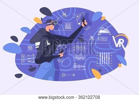Young Man Using Virtual Reality Glasses And Touching Vr Interface. Boy Moving Objects Around Using A