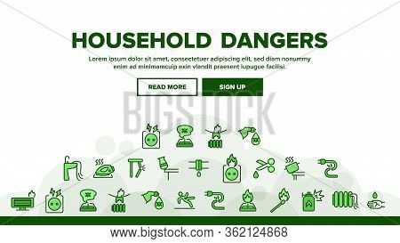 Household Dangers Landing Web Page Header Banner Template Vector. Short Circuit And Fire, Flood And 