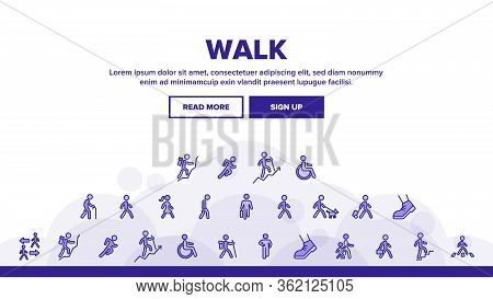 Walk People Motion Landing Web Page Header Banner Template Vector. Human Walk With Dog And Luggage, 