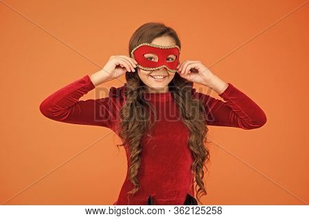 Winter Carnival. Incognito Mode. Kid Wear Eye Mask. Girl Wear Mask Orange Background. Winter Event A