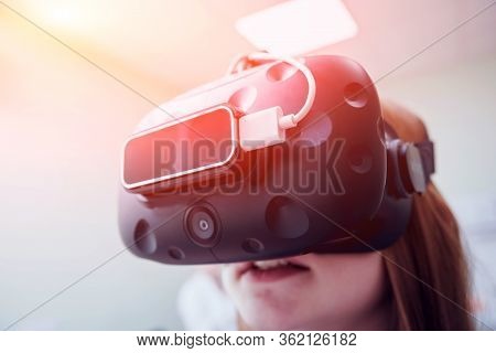Eye Treatment. Patient In Virtual Reality Goggles.