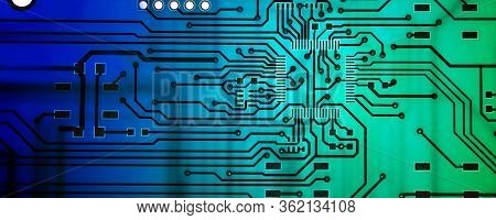 Circuit Board Background. Blue-green Background, Empty Circuit Board Painted In Green-blue Backgroun