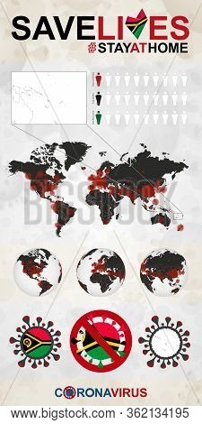Infographic About Coronavirus In Vanuatu - Stay At Home, Save Lives. Vanuatu Flag And Map, World Map