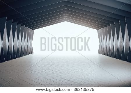Modern Gallery Hall Interior With Empty Decorative Wall And Concerete Floor. Art And Design Concept.