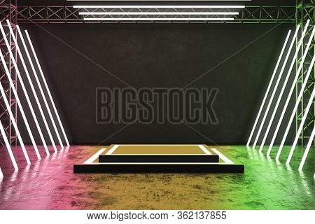 Futuristic Interior With Color Luminous Rectangle  Corridor And Roung Podium. Innovation And Modern 