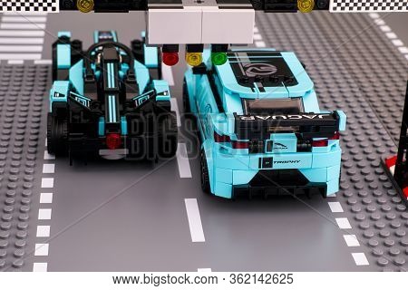 Tambov, Russian Federation - February 19, 2020 Lego Jaguar I-pace Etrophy And Formula E Panasonic Ja