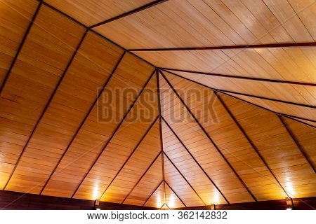 Steel Roof Structure. Moonlight Bulb. Steel Structure With Roof Tiles. Architectural Structure Of Ro