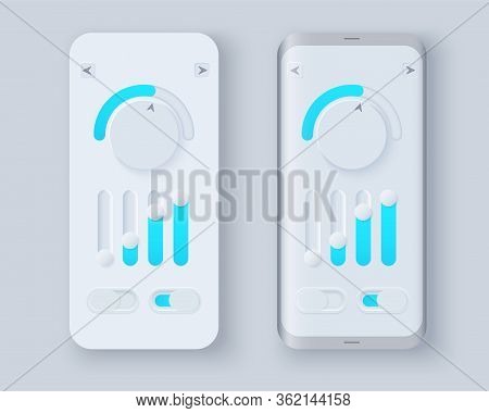 Neumorph Ui Kit On Sample Smartphone Screen. Volume Knob With Slider Bar And Switches. Light Color S