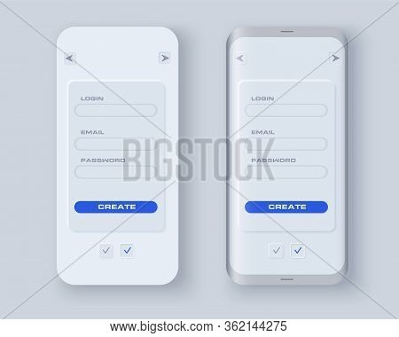 Neumorph Ui Kit On Sample Smartphone Screen. Registration Form With Windows For Text. Light Color Se