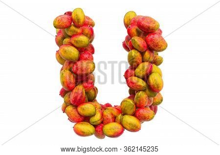 Letter U From Mangos, 3d Rendering Isolated On  White Background