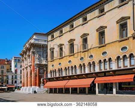 Scenic View Of Palazzo Del Monte Di Pieta With Church Of San Vincenzo, Vicenza, Italy