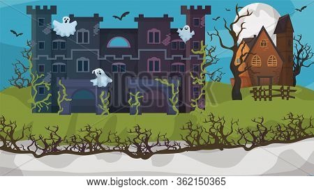 Halloween Horror House Ghost Gloomy Cottage Flat Vector Illustration. Nightmare Area Concept Banner,