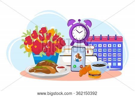 Good Morning Breakfast With Online Conversation, Table Fast Food, Isolated On White, Flat Vector Ill