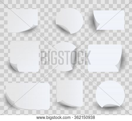Set Of White Paper Stickers. Circle, Rectangles And Squares Label Stickers With Curled Corners, Edge