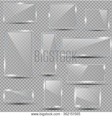 Set Of Realistic Glasses On Isolated Background. Clear Glass Showcase. Empty Realistic Acrylic Plate