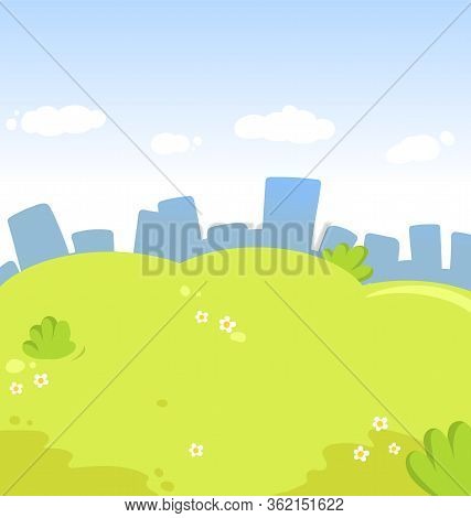 Cartoon Cityscape With Green Grass And Clouds In The Sky. Cartoon Flat Vector Illustration