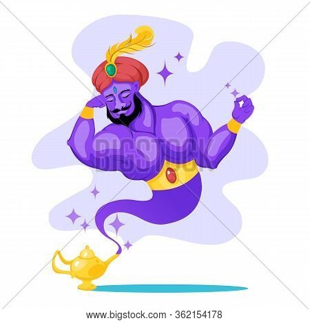 Cartoon Color Character Person Jinnee With Golden Magic Lamp Concept Flat Design Style. Vector Illus