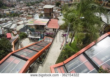 Medellín, Antioquia / Colombia - July 8, 2019. Escalators Of The Commune Stair 13. Tourist Zone.