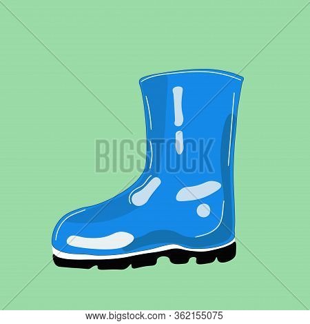 Single Blue Waterproof Rubber Boot Isolated On Mint Background. Gumboots For Rainy Weather In Spring