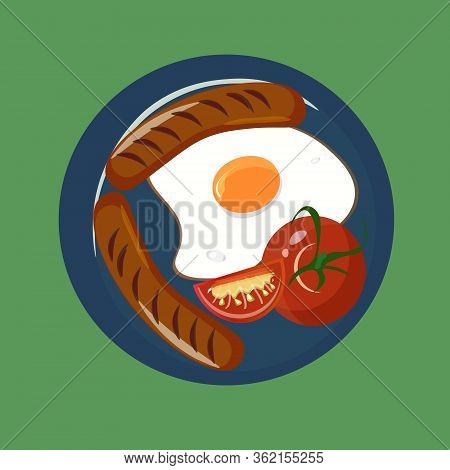 Blue Plate With Breakfast Including Omelette, Tomatoes And A Pair Of Fried Sausages. Vector Illustra