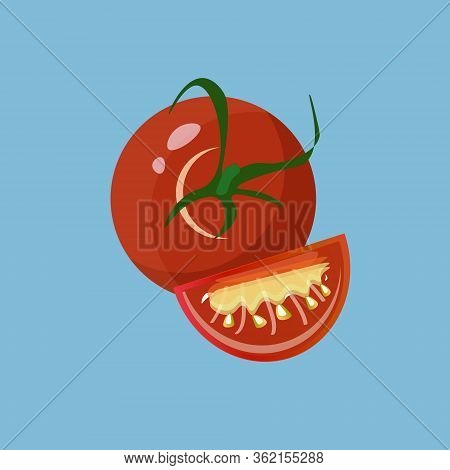 Fresh Red Tomatoes. The Whole Vegetable And Sliced One. Vector Illustration.