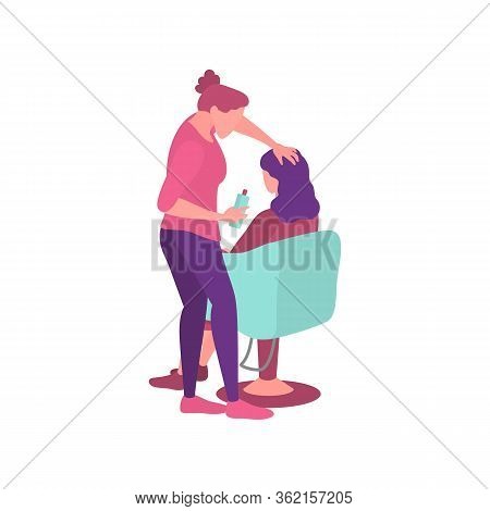 Beauty Female Barber Washing Clients Hair Using Shampoo Or Coloring Conditioner. Cartoon Girl Sittin