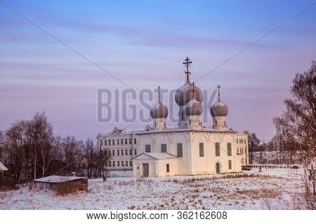Transfiguration (spaso-preobrazhensky) Cathedral On A Winter Evening At Sunset. Belozersk, Russia