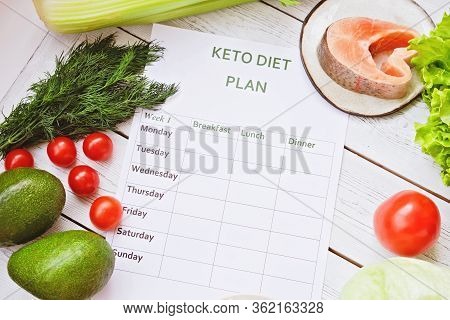 Keto Meal Plan For A Week On A Table Among Tomatoes, Fish, Nuts, Greens And Avocado. Healthy Eating,
