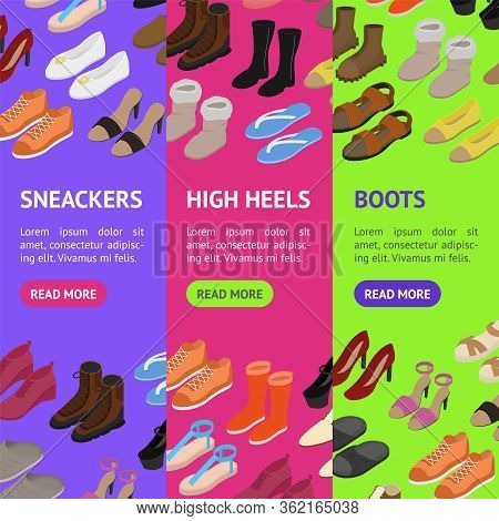 Shoes Concept 3d Banner Vecrtical Set Isometric View Include Of Sneaker, Sandal, Slipper, Loafer, Ba