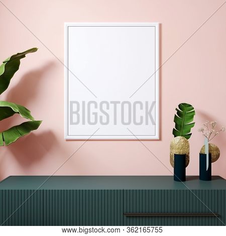 Mock Up Poster Frame In  Modern Interior With White Frame And Plants In Vase. Pink Wall Background.