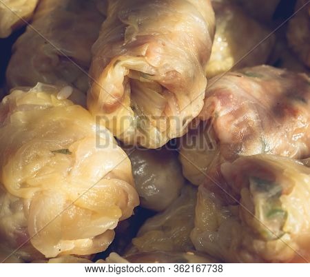 Close Up With Meat Rolls In Cabbage Leaves. Sarmale, Romanian Traditional Cuisine Made From Rice, Po