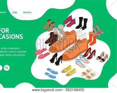 Shoes Concept 3d Landing Web Page Isometric View Include Of Sneaker, Sandal, Slipper, Loafer, Ballet