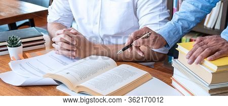 Tutor Book With Friends Education, Group Students Studying And Teaching Helping And Study Course Wit