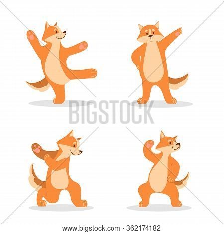 Happy Ginger Dog Dancing. Cute Shibu Inu Dancing Pose Set.