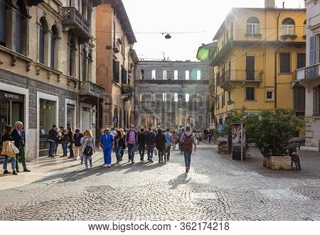 Verona, Italy, September 27, 2015 : Porta Dei Borsari - Dating To The 1st Century, This Arched Limes