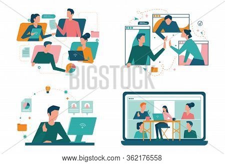Remote Working Concept Set. Telework And Global Outsourcing,