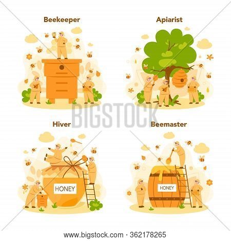Hiver Or Beekeeper Concept Set. Professional Farmer With Hive