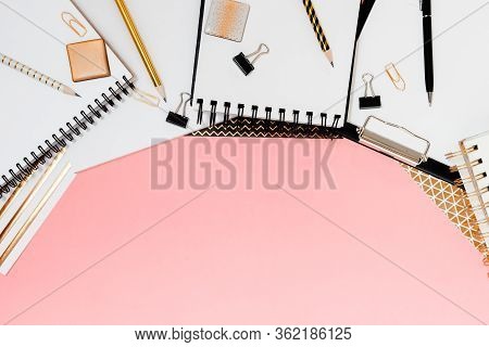 Mockup Planner Flat Lay, Top Horizontal View Pink Background. Notepad And Notebooks With Stationary.