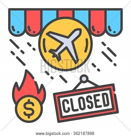 Travel Agency Closing Color Line Icon. Economic Risis. Collapse Business. Markets Plunging. Sign For