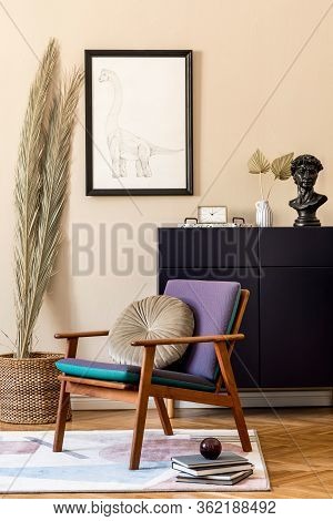 Interior Design Of Retro Modern Living Room With Stylish Blue Navy Commode, Cacti, Plant, Design Arm