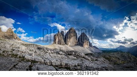 Tre Cime Di Laveredo, Spectacular Panorama Of The Three Spectacular Mountain Peaks