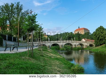 Namest Nad Oslavou Castle In The Summer With Bridge And River. Czech Republic.
