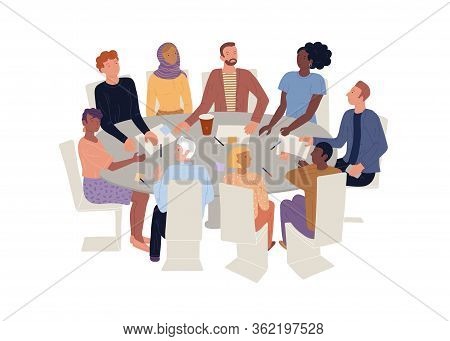 Men, Woman Of Different Ages, Nationalities Sitting At Round Desk. Group Therapy, Personal Growth Tr