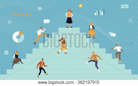 Men, Women Of Different Ages, Nations Striving For Goal, Money Prize At Top Of Stairs. Contest For I