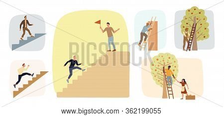 Big Set Of Men Climbing Up Stairs. Farmers Using Ladders To Gathering Fruit Harvest. Achieving Ambit