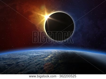 Solar Eclipse, Moon And Colorful Nebula. Solar Eclipse - Moon Passes Between Planet Earth And Sun. E