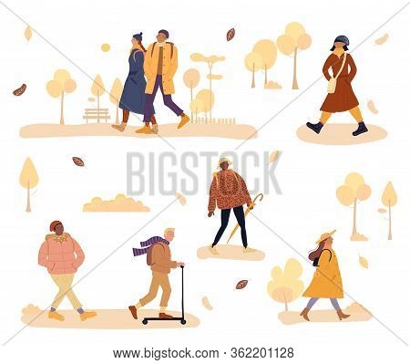 Warm Dressed People Walk, Go To Work, Riding Push Kick Scooter. Fashion Woman, Casual Man, Afro-amer